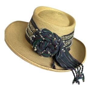 Vintage La Giralda Guatemalan Palm Leaf Hat Beaded Maya Folk Festival Boho Style